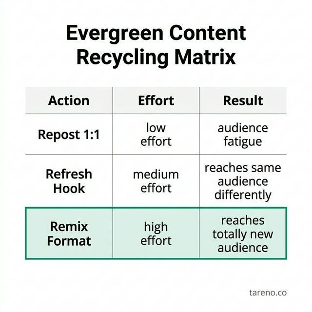 Evergreen content recycling options: Repost, Refresh, Remix — different reuse strategies compared