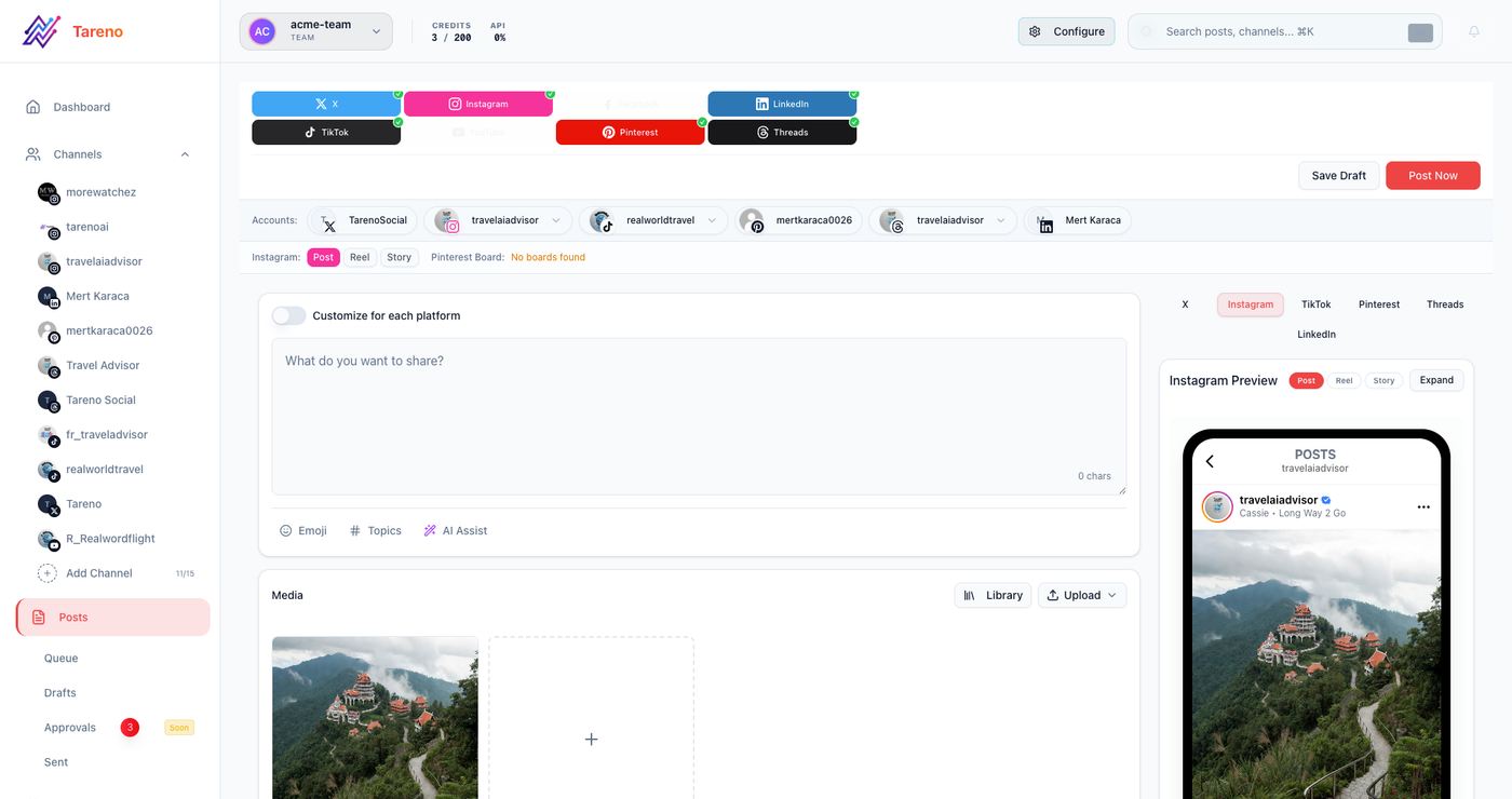 Tareno post creation screen for adapting and preparing social media posts.