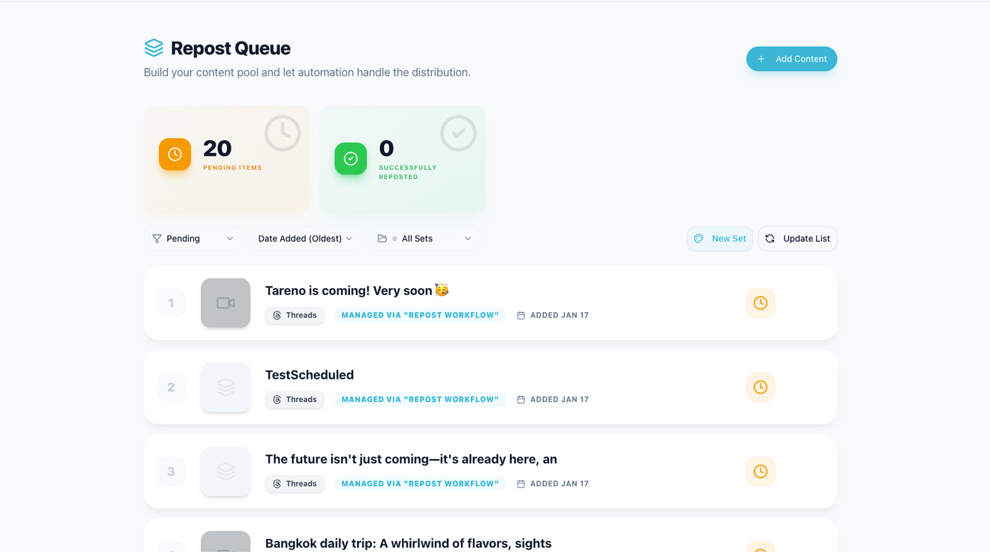 Tareno repurposing queue showing how high-scoring posts move into future content workflow.