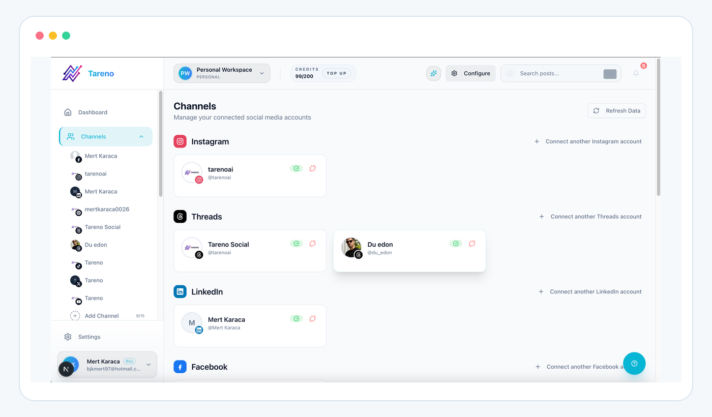 Tareno connected channels view used to verify workspace and account context before an MCP action.
