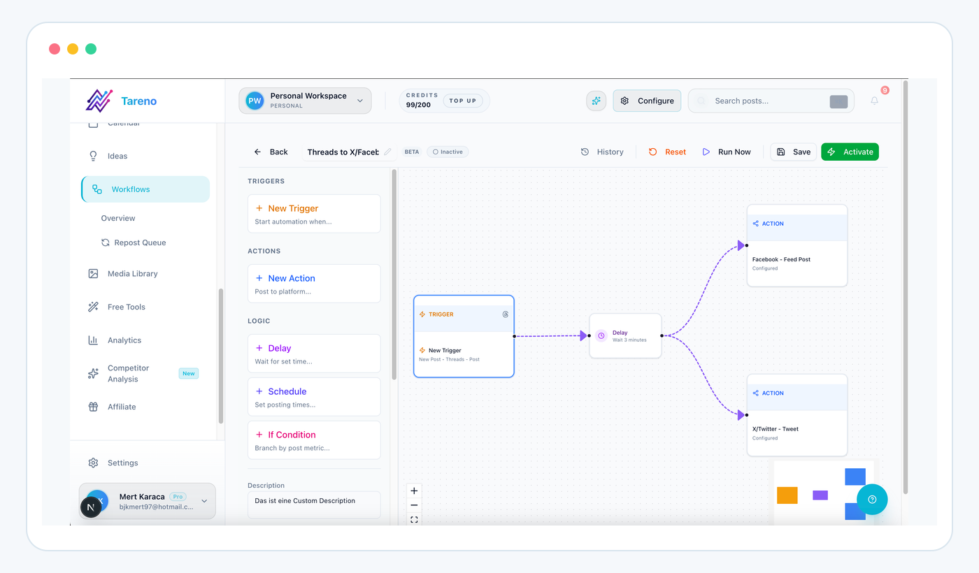 Tareno workflow automation view representing the shared social control layer for external automation tools.