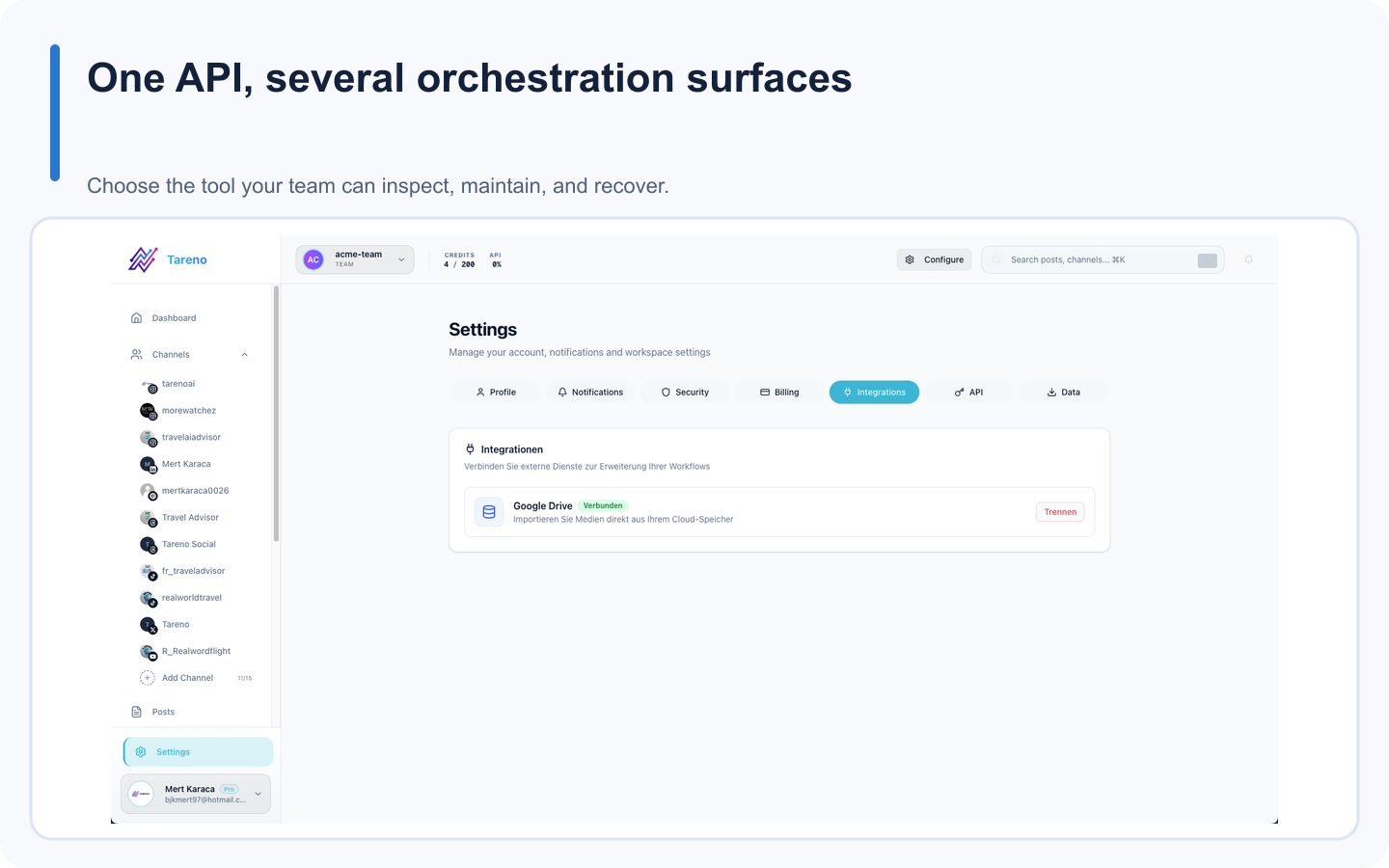 Tareno integrations settings for n8n, Make, Zapier, and custom API workflows.