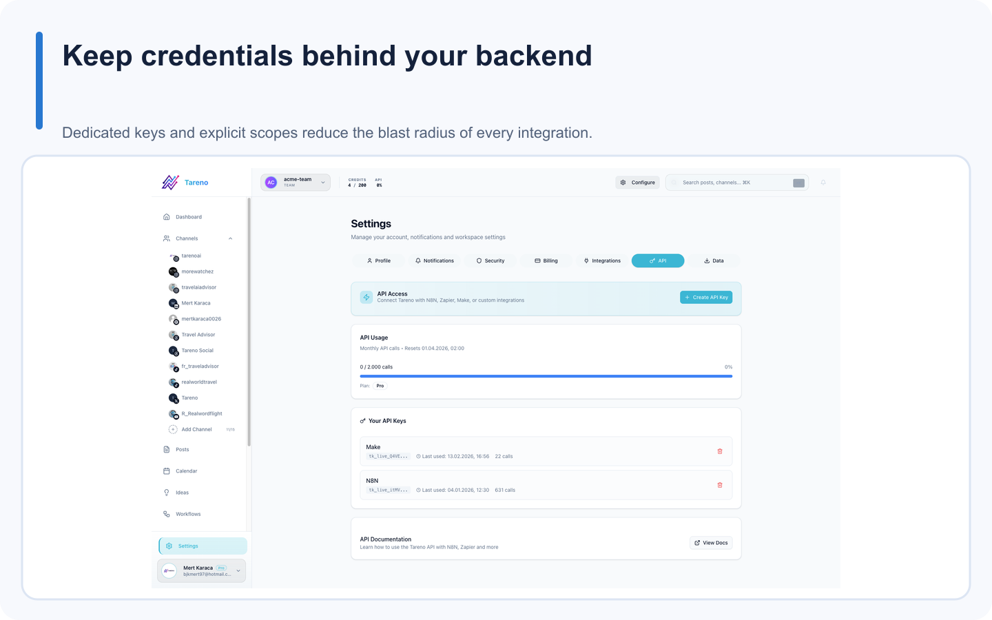 Tareno API settings used to create dedicated server-side integration credentials.