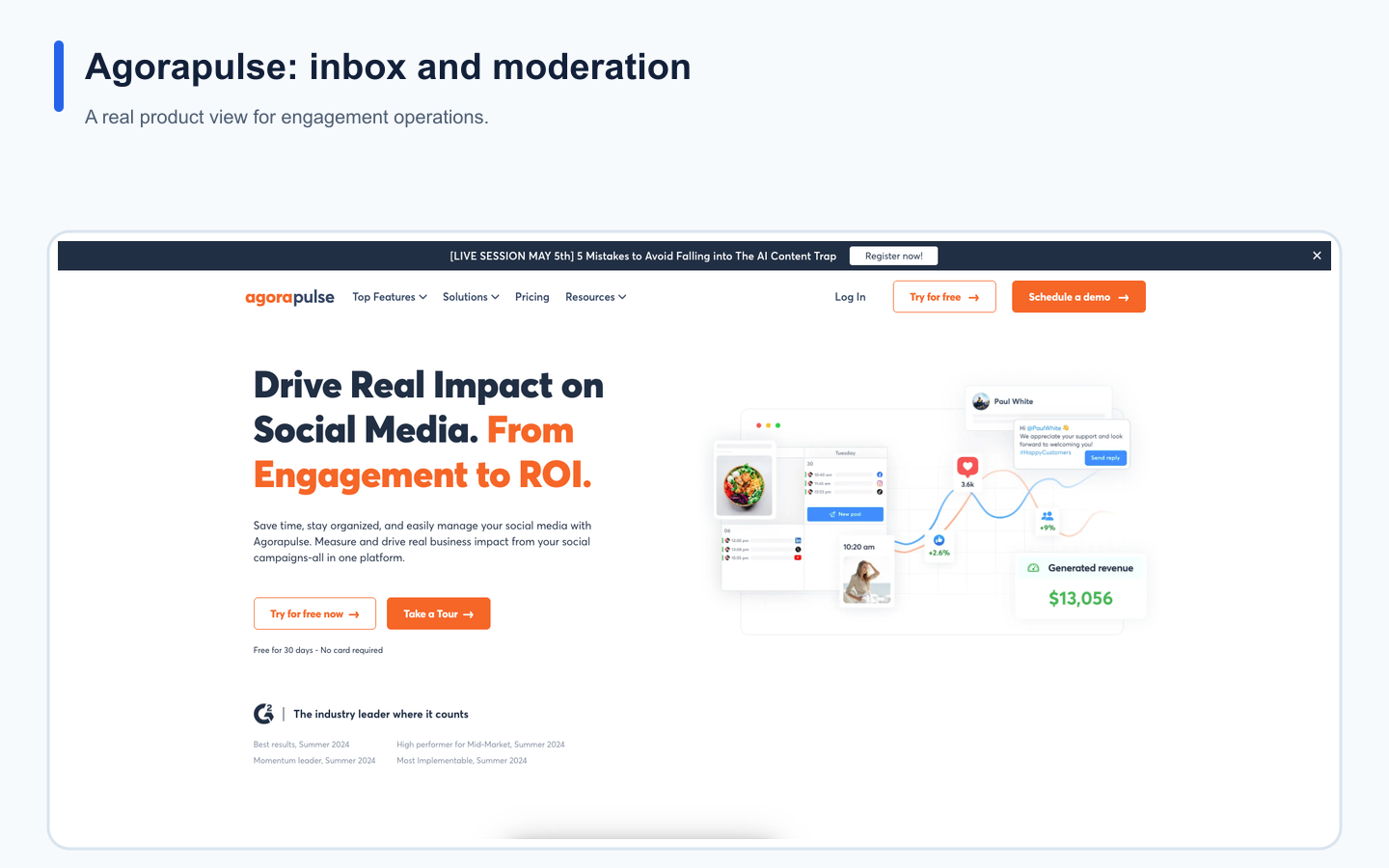 Real Agorapulse landing page illustrating its positioning in the social media tool comparison