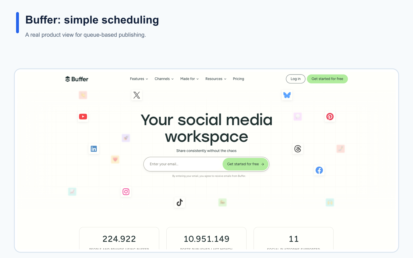 Real Buffer landing page illustrating its positioning in the social media tool comparison
