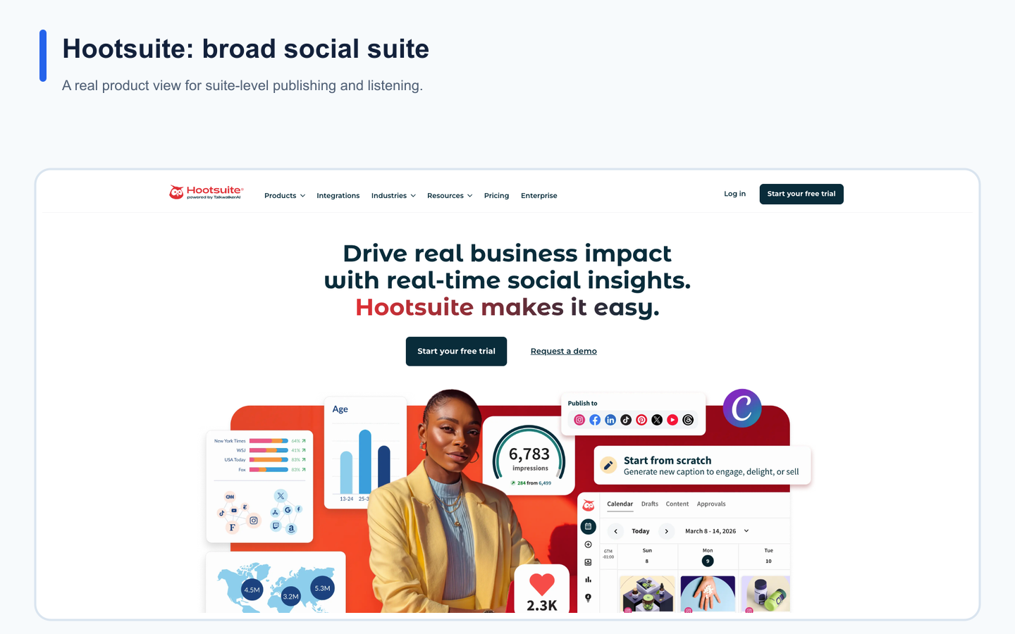 Real Hootsuite landing page illustrating its positioning in the social media tool comparison