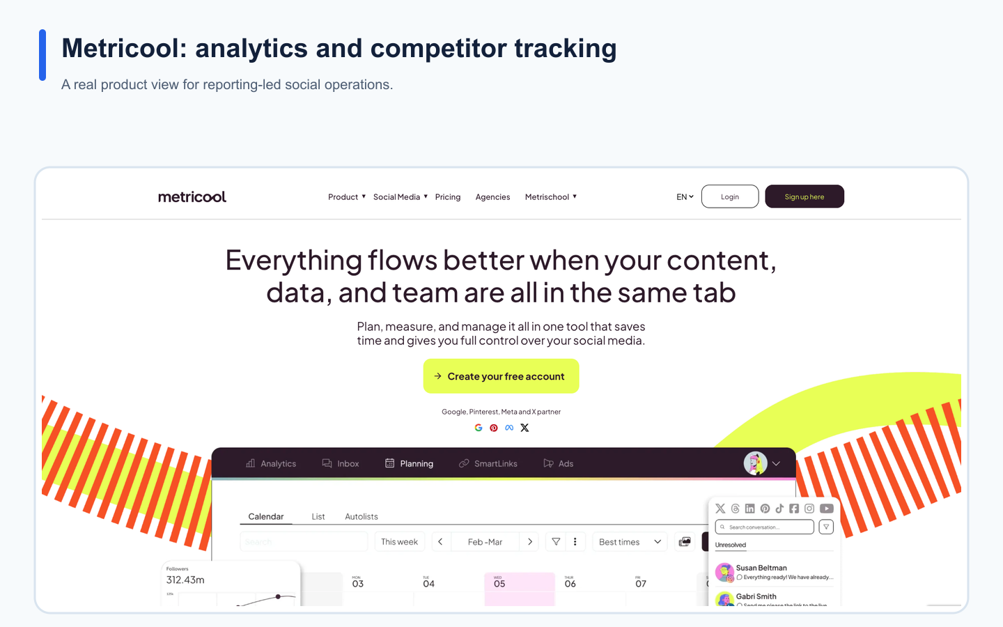 Real Metricool landing page illustrating its positioning in the social media tool comparison