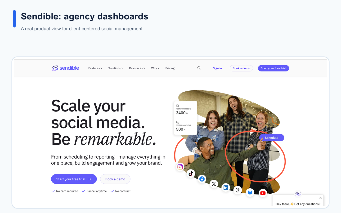 Real Sendible landing page illustrating its positioning in the social media tool comparison