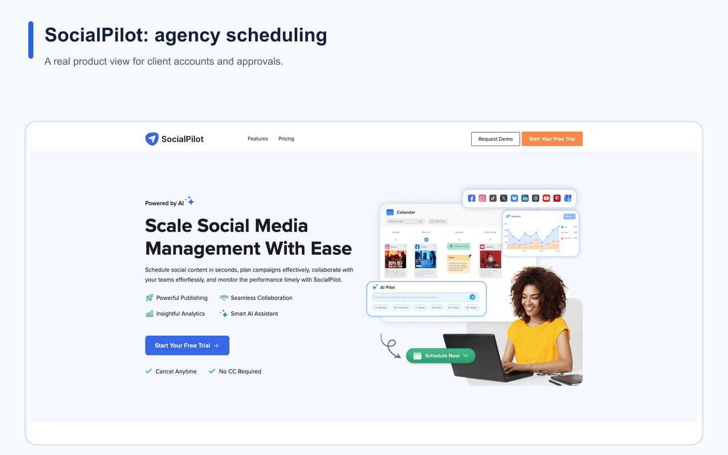 Real SocialPilot landing page illustrating its positioning in the social media tool comparison