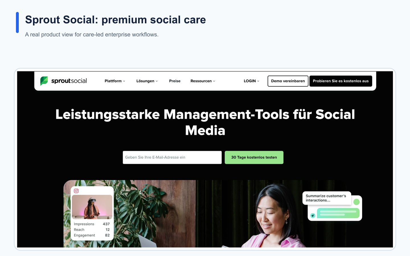 Real Sprout Social landing page illustrating its positioning in the social media tool comparison