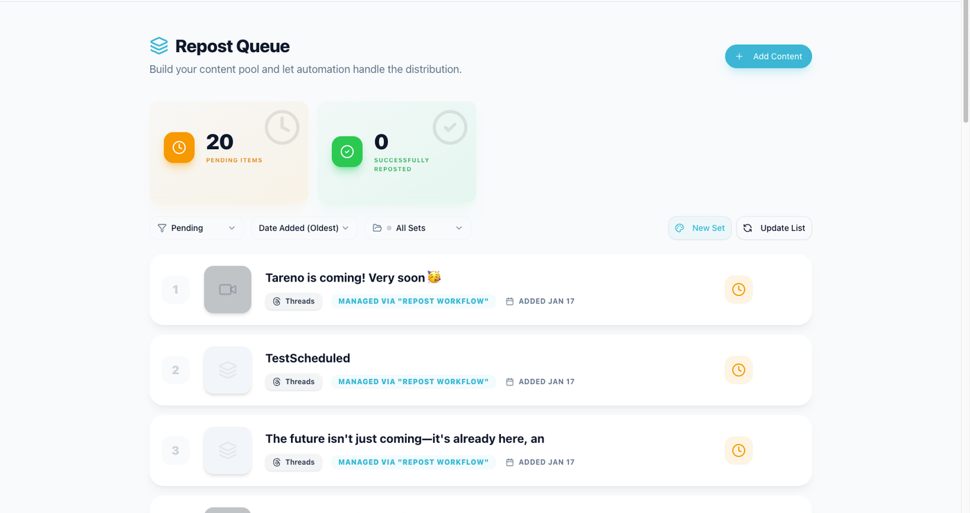 Tareno repurposing queue for reusing high-performing social posts
