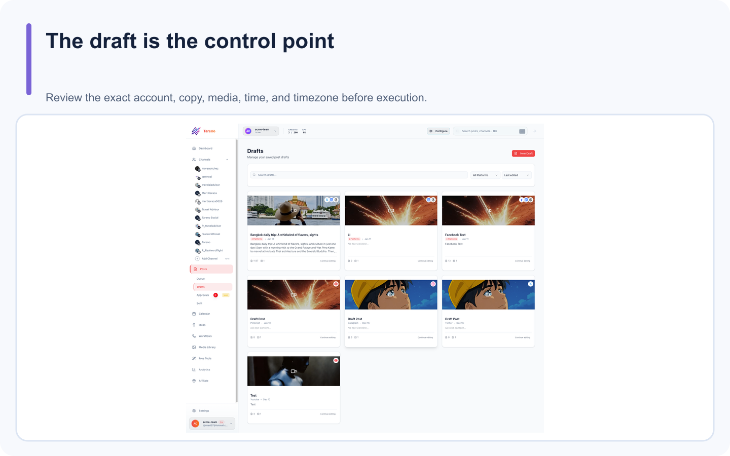 Tareno drafts view used as the approval checkpoint for MCP-created content.