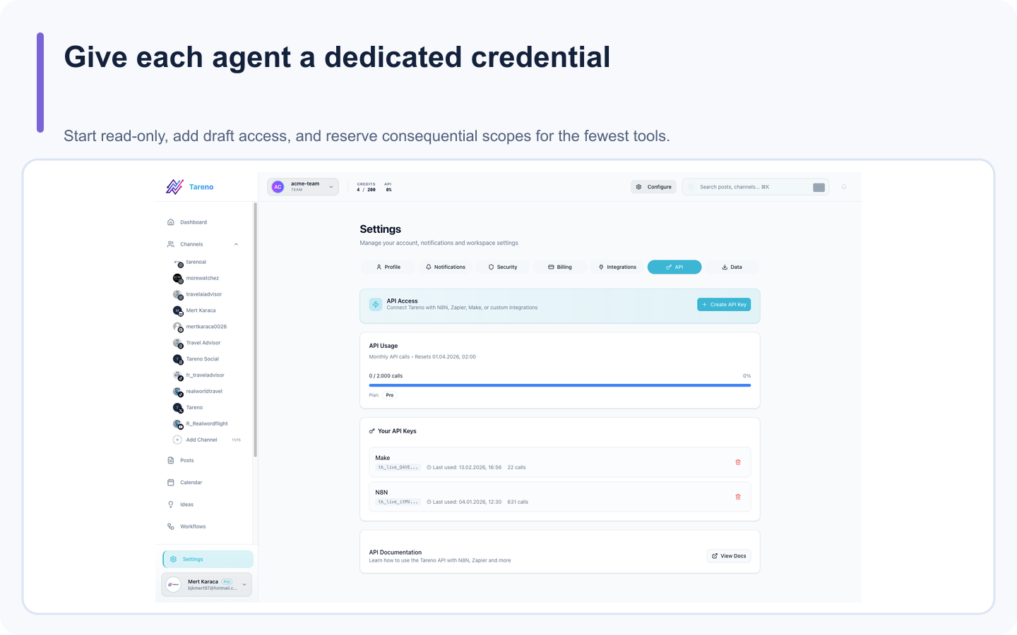 Tareno API settings used to create scoped credentials for an MCP client.
