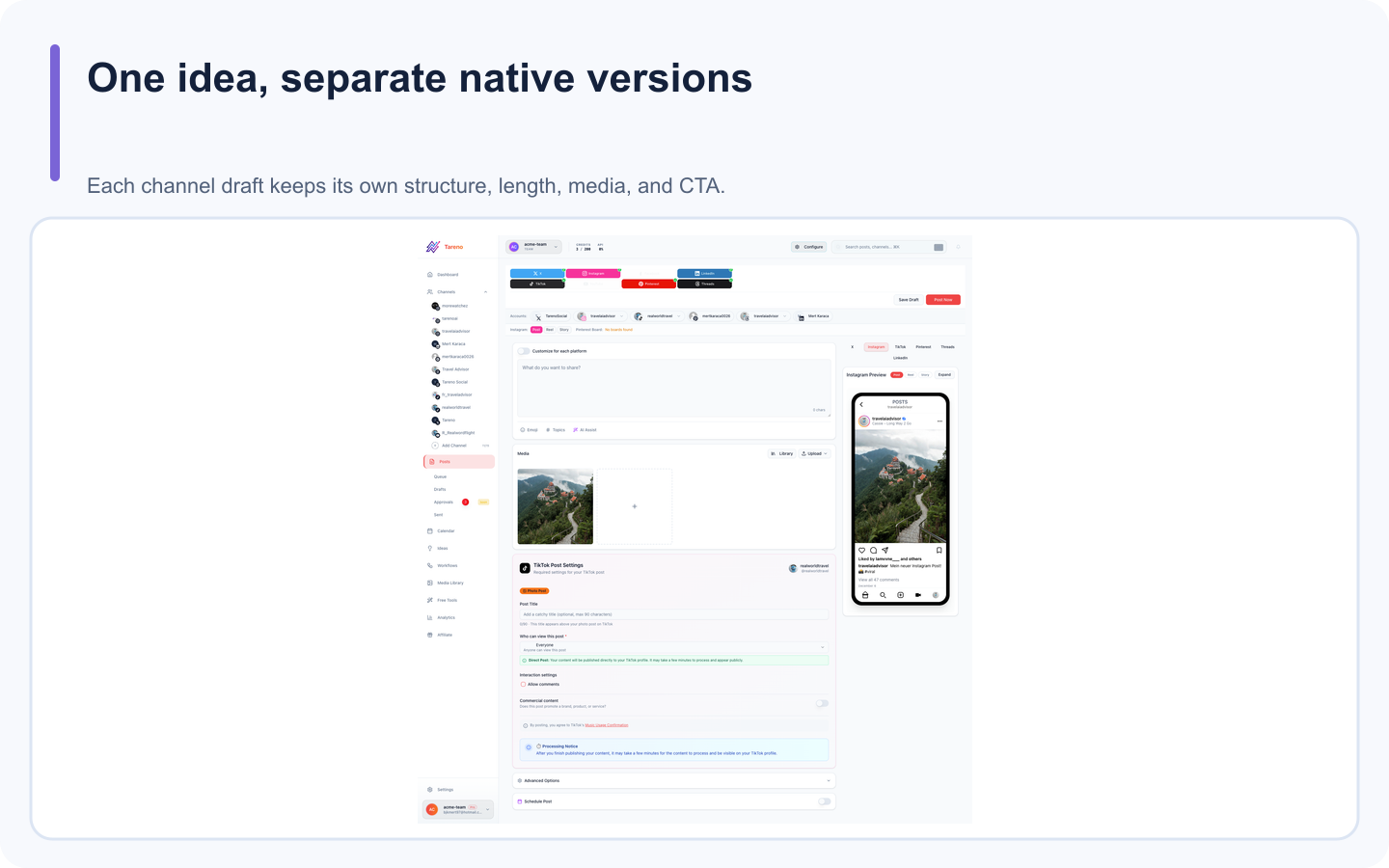 Tareno post composer with platform-specific social content prepared for review.