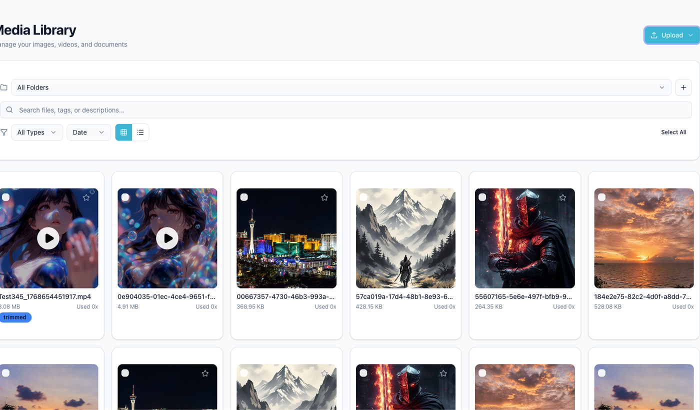 A media library view used to collect old assets and source posts before running a social media content audit.