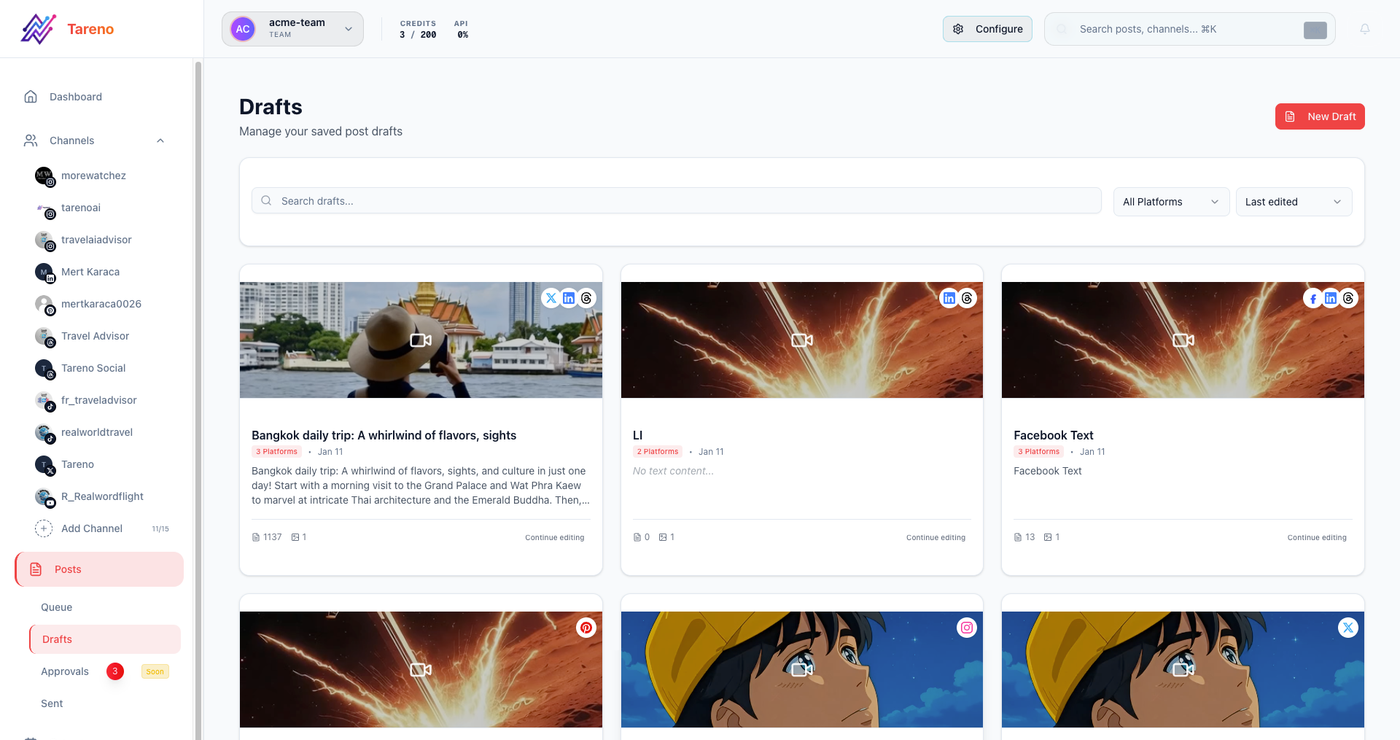 Draft workflow view showing content stages, blocked items, and approval status inside a social media operation.