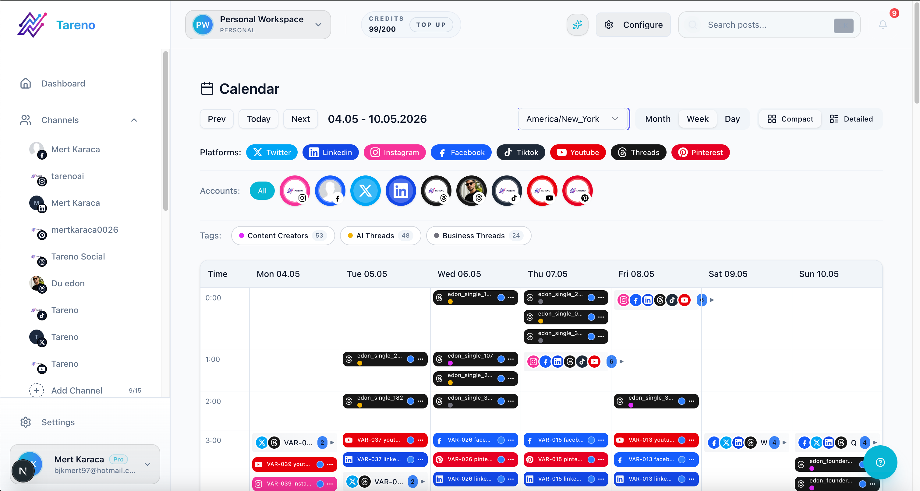 Tareno calendar for multi-platform social media scheduling