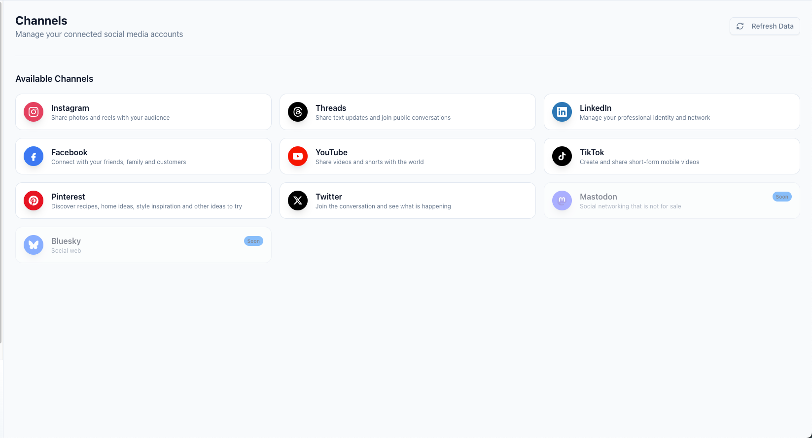Connected channel overview used to audit which social profiles and permissions belong in the migration plan.
