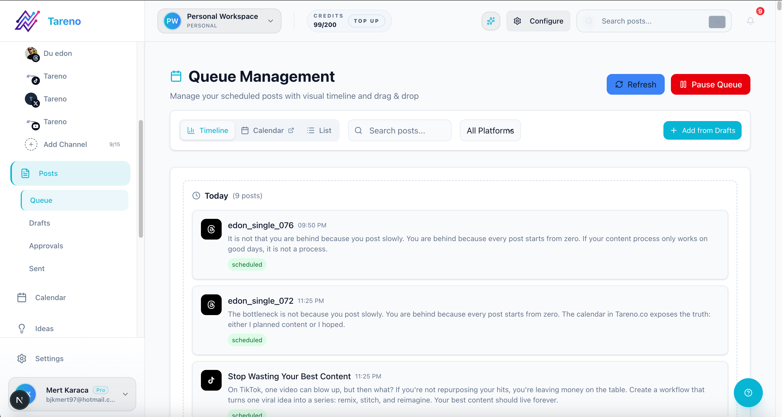 Social media queue and scheduling view used to recreate approved posts during a migration.