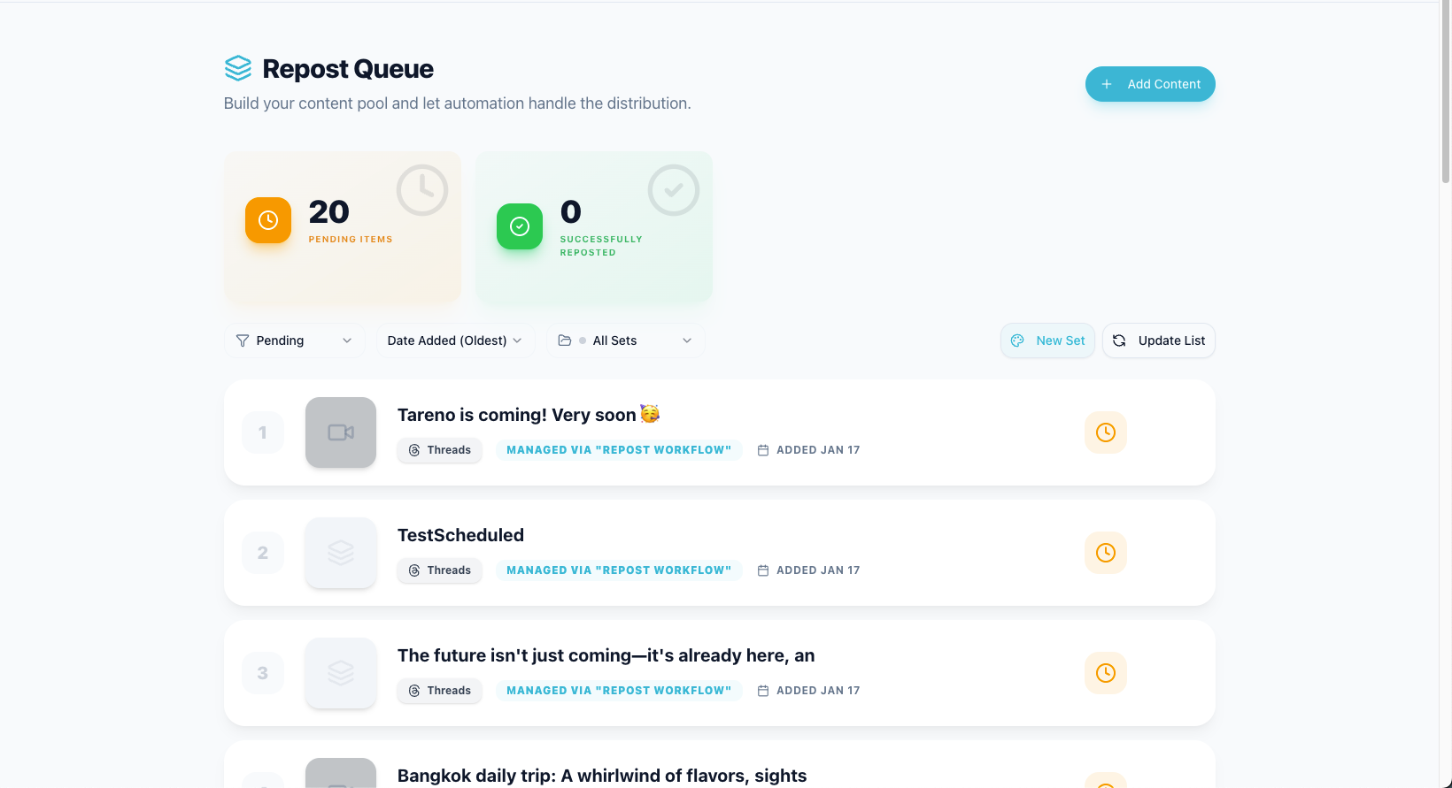 Repurposing queue showing how top-performing posts move into second-wave content tasks.