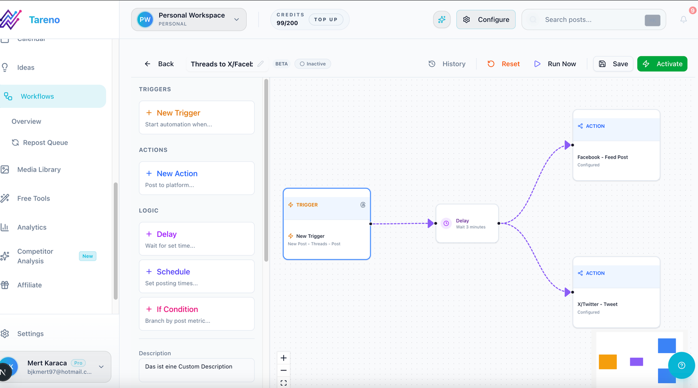 Tareno workflow automation builder connecting content review, approval, scheduling, and follow-up tasks.