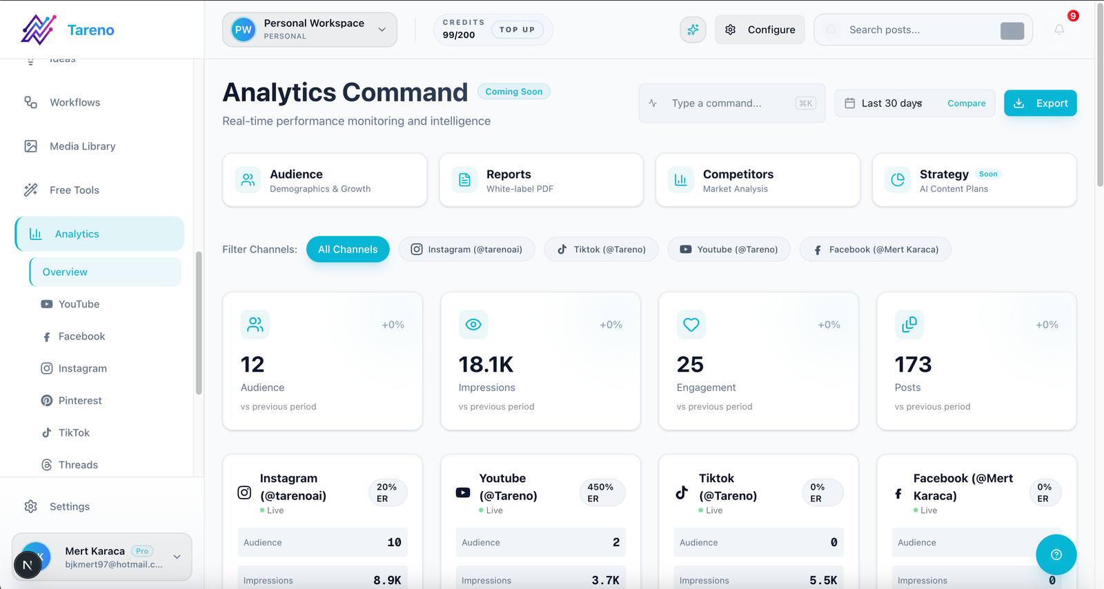 Tareno analytics dashboard for startup social media performance review