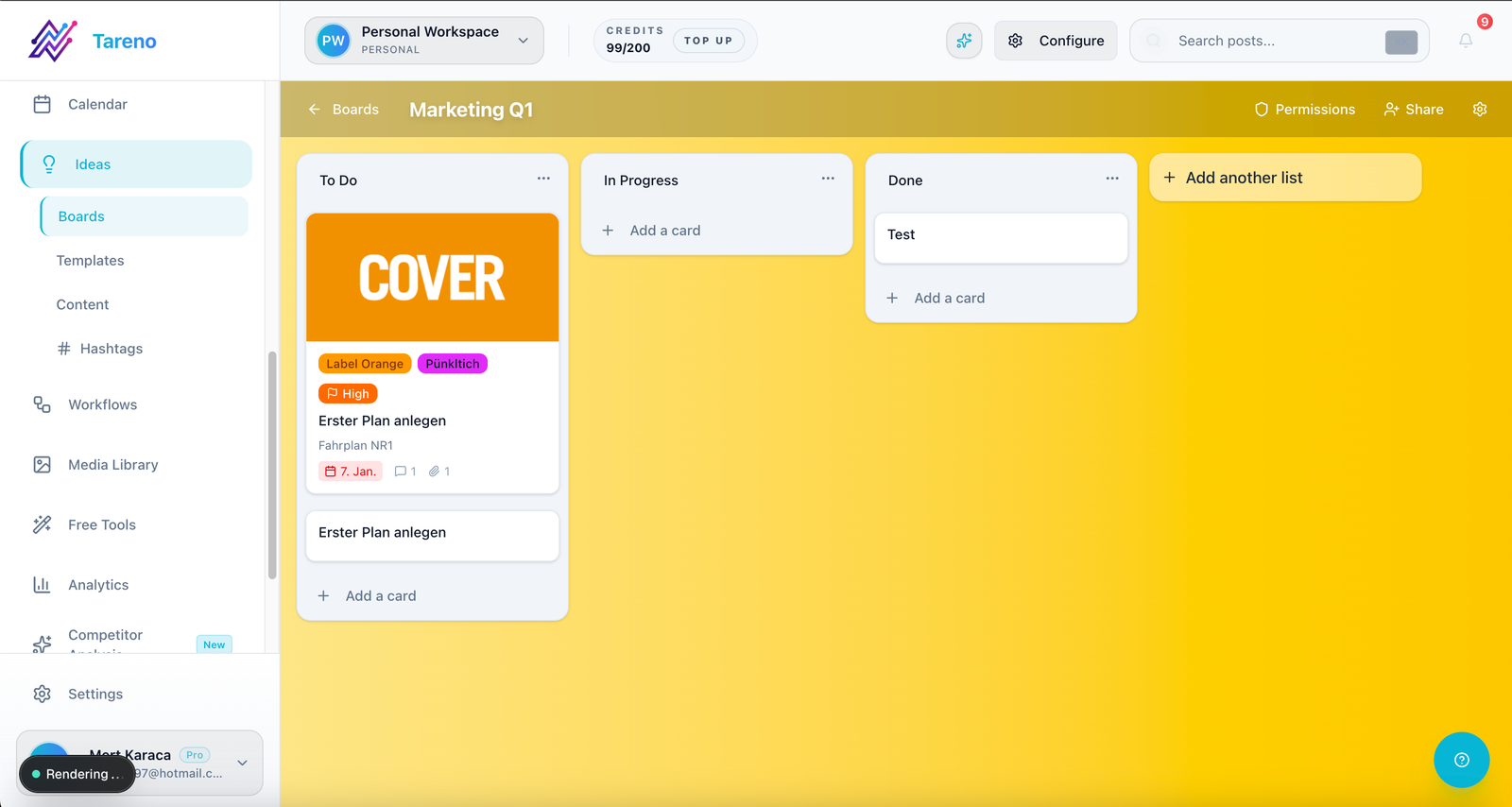 Tareno ideas board for collecting founder ideas before startup social media posts are drafted