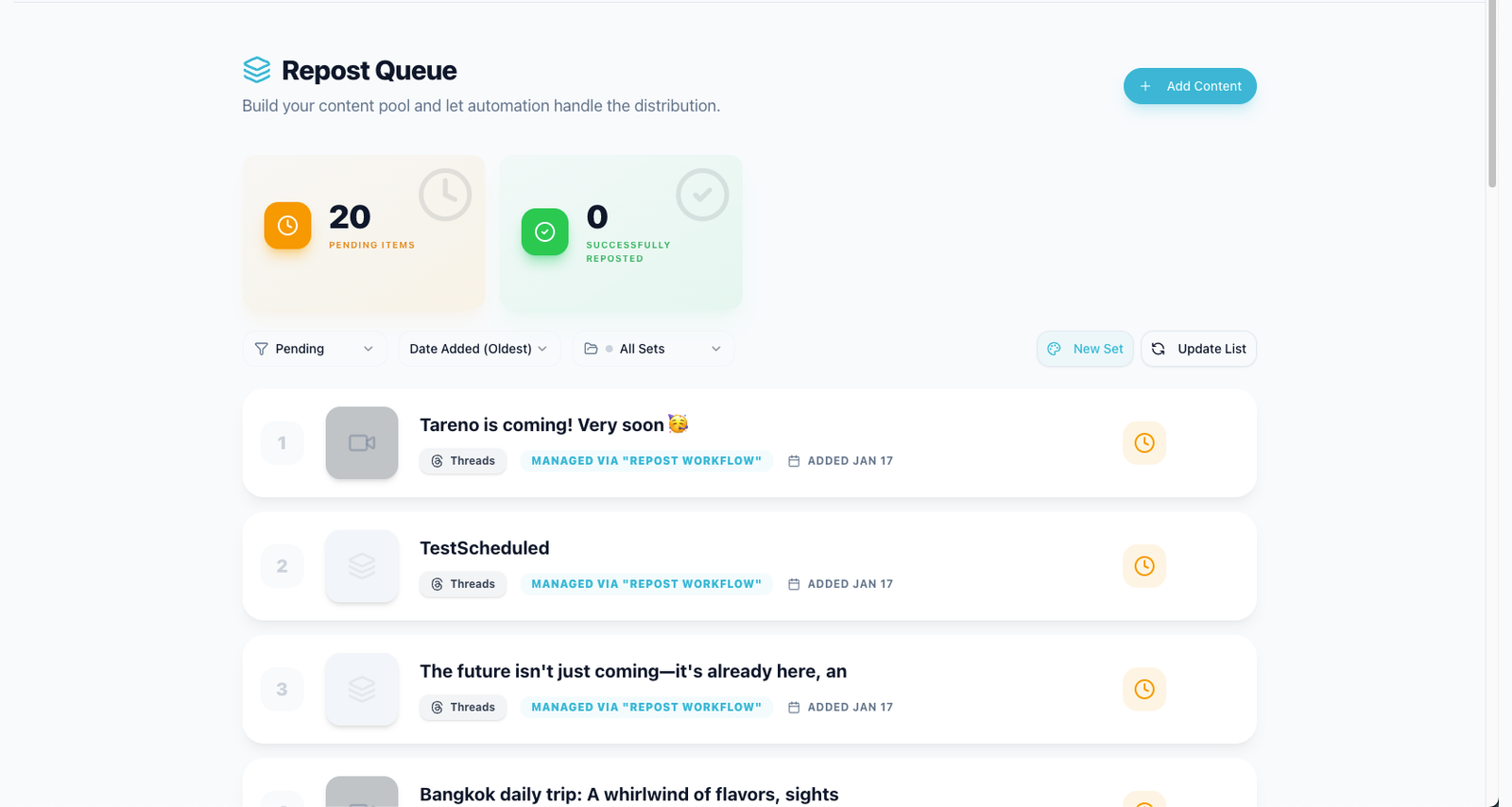 Tareno repurposing queue for startup social media content