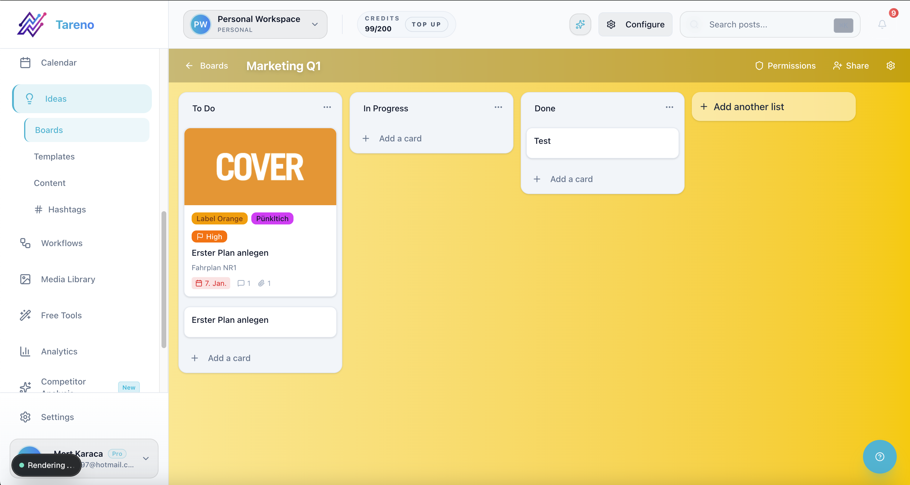 Tareno ideas board organizing competitor insights into content angles and drafts