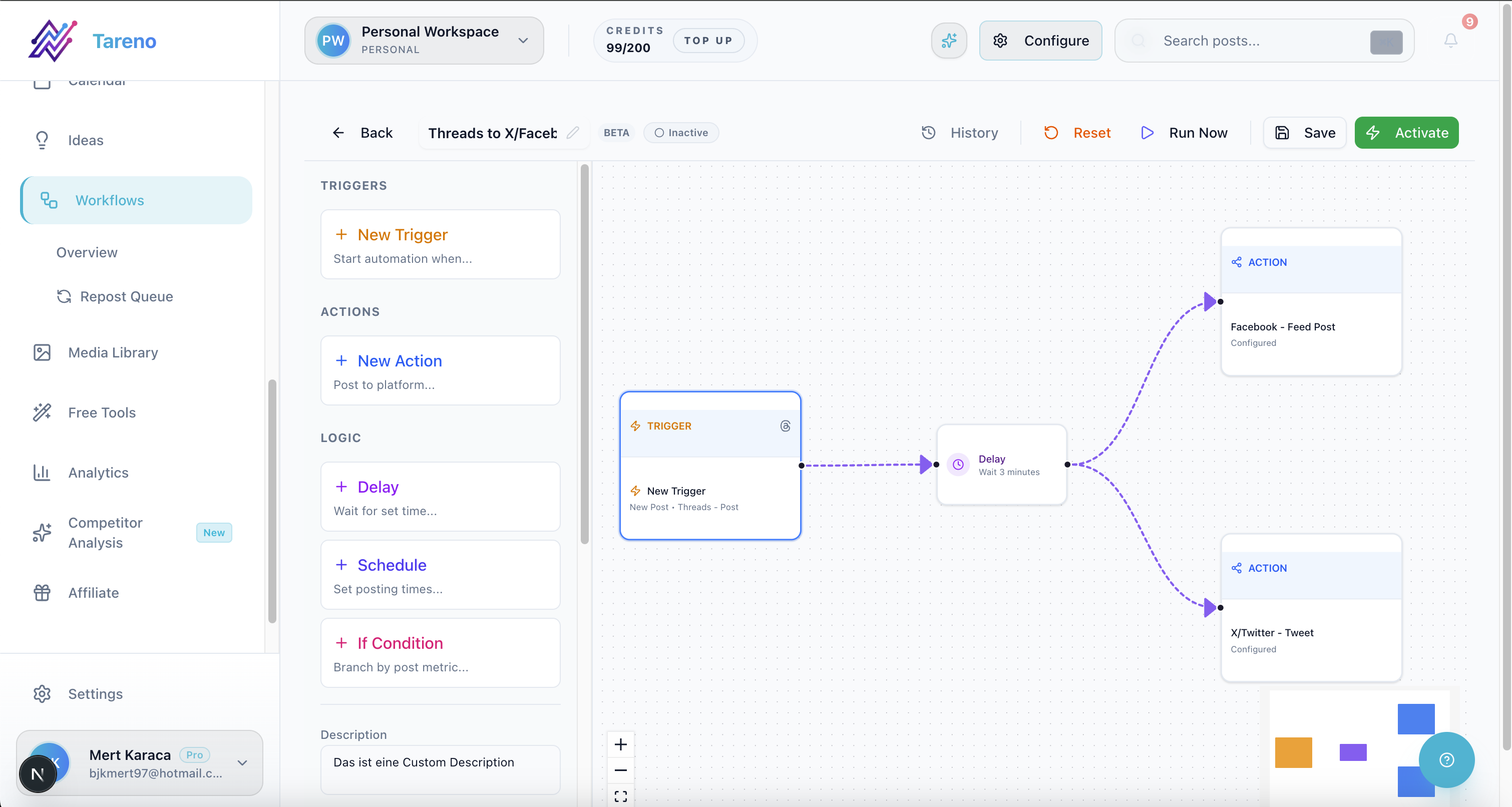 Tareno workflow automation screen connecting content decisions to repeatable actions