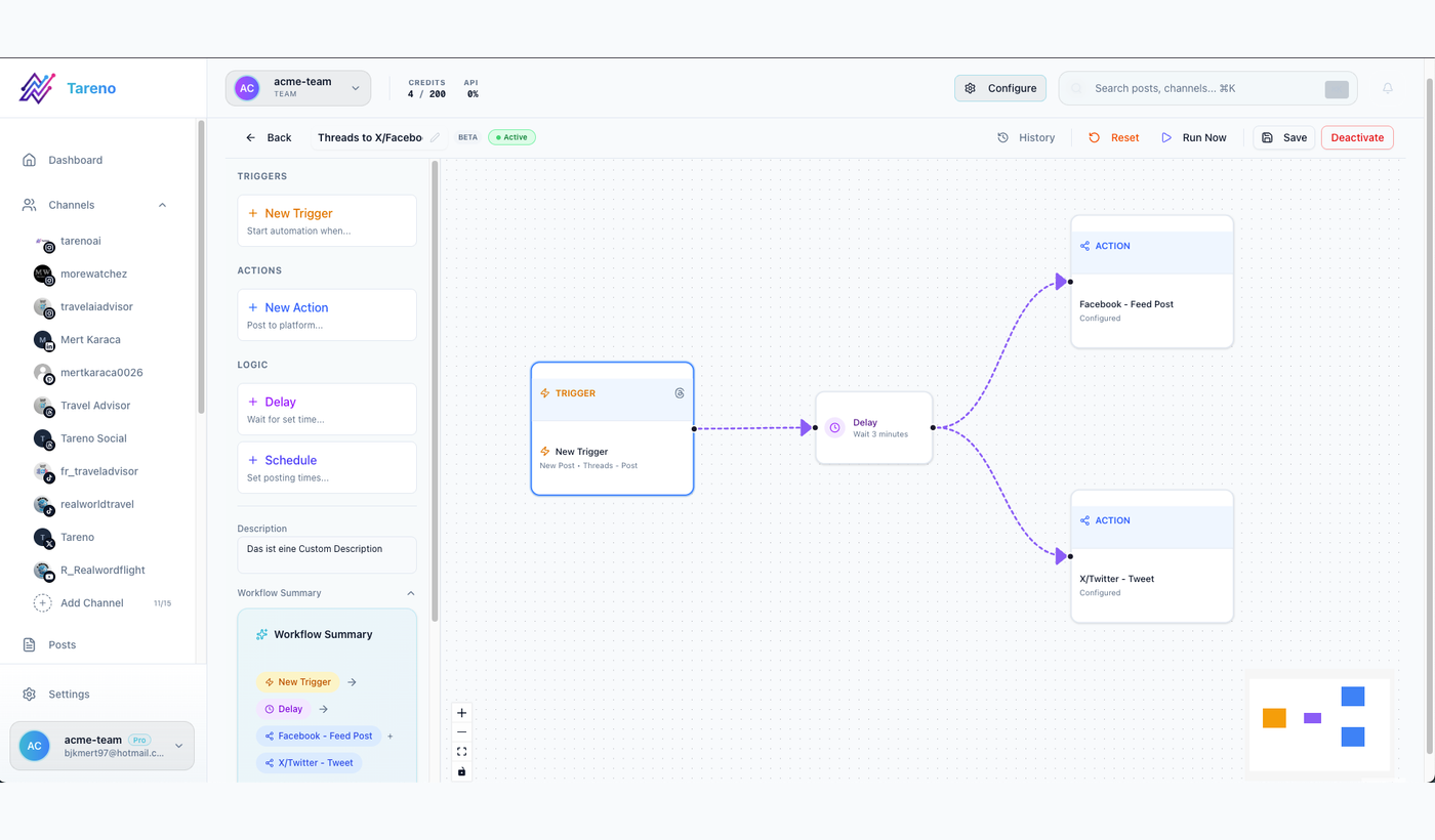 Tareno workflow editor illustrating repeatable orchestration around a YouTube repurposing process.