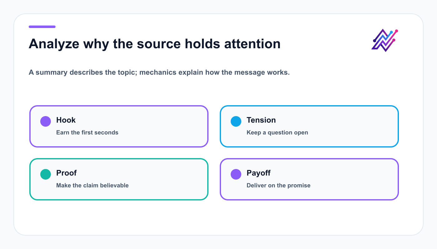 Script mechanics framework covering hook, tension, proof, and payoff.