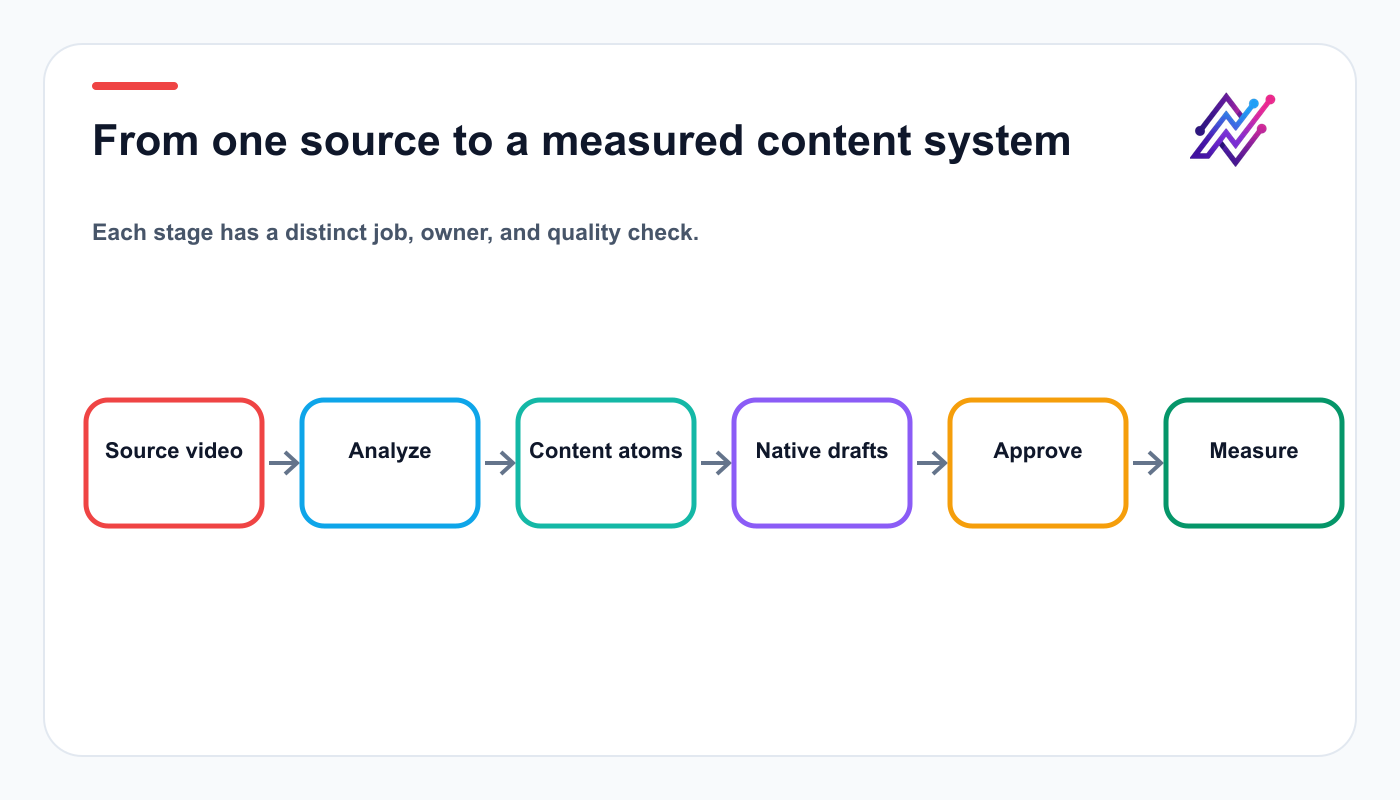 YouTube-to-social workflow from source video through analysis, native drafts, approval, publishing, and measurement.