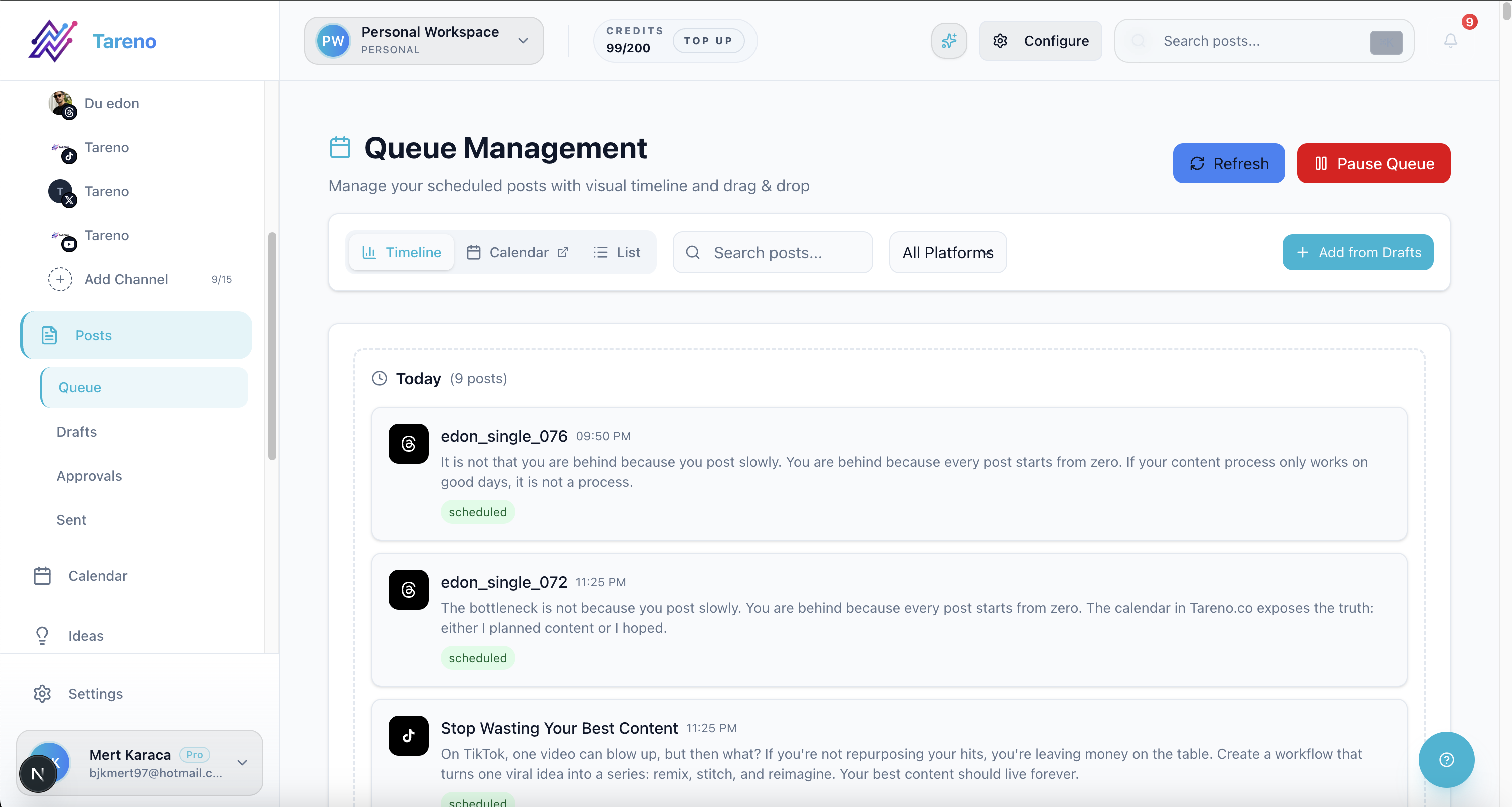 Content repurposing queue in Tareno
