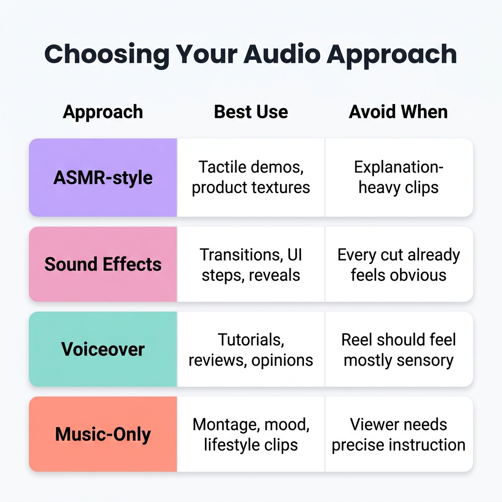 Audio approach comparison matrix β ASMR, Sound Effects, Voiceover, Music-Only