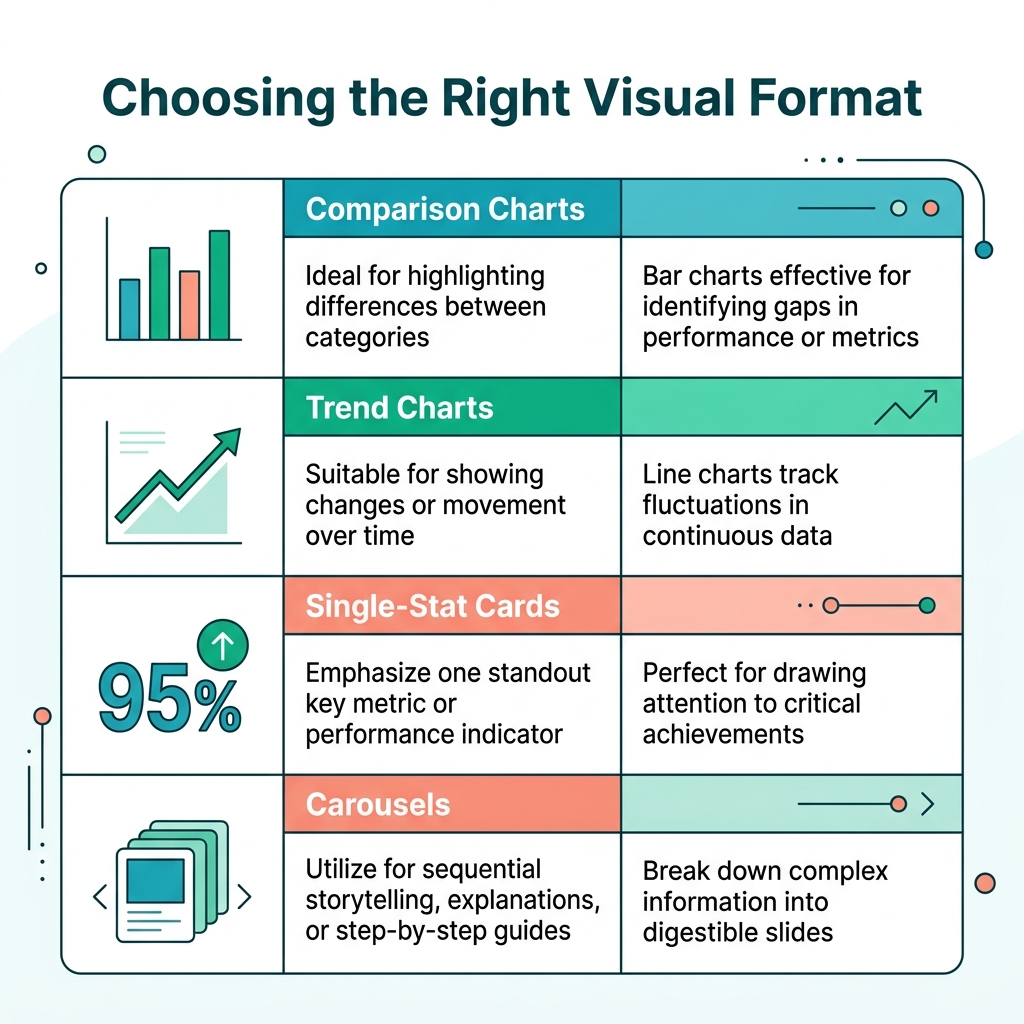 Choosing the Right Visual Format matrix comparing charts, stats, and carousels
