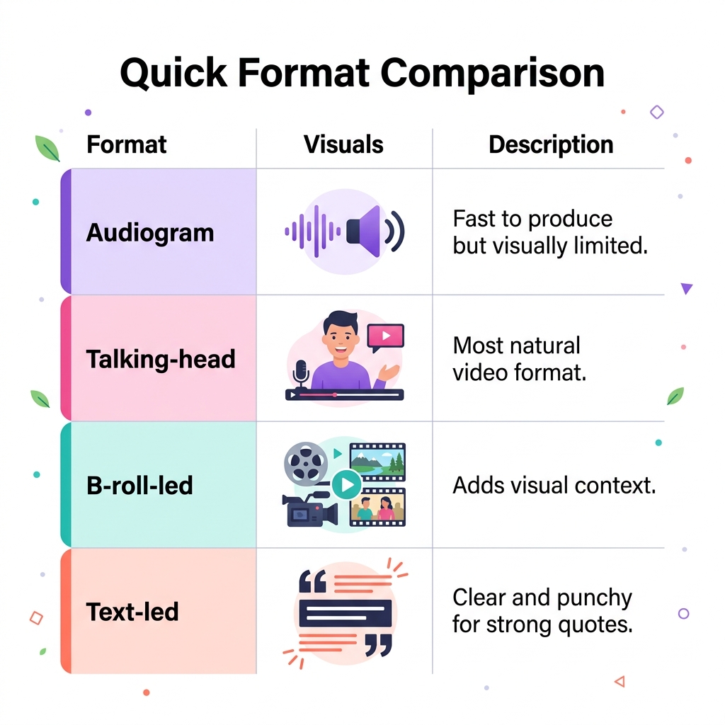 Quick format comparison: Audiogram, Talking-head, B-roll-led, Text-led