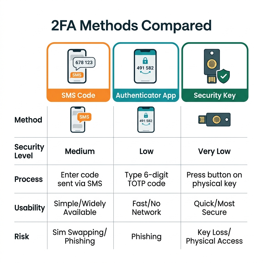 Comparison of SMS, Authenticator App, and Security Key 2FA methods